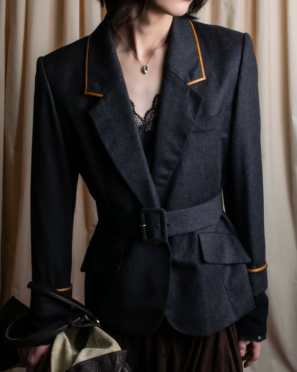 "HERMES" Vintage leather piping design belted tailored jacket