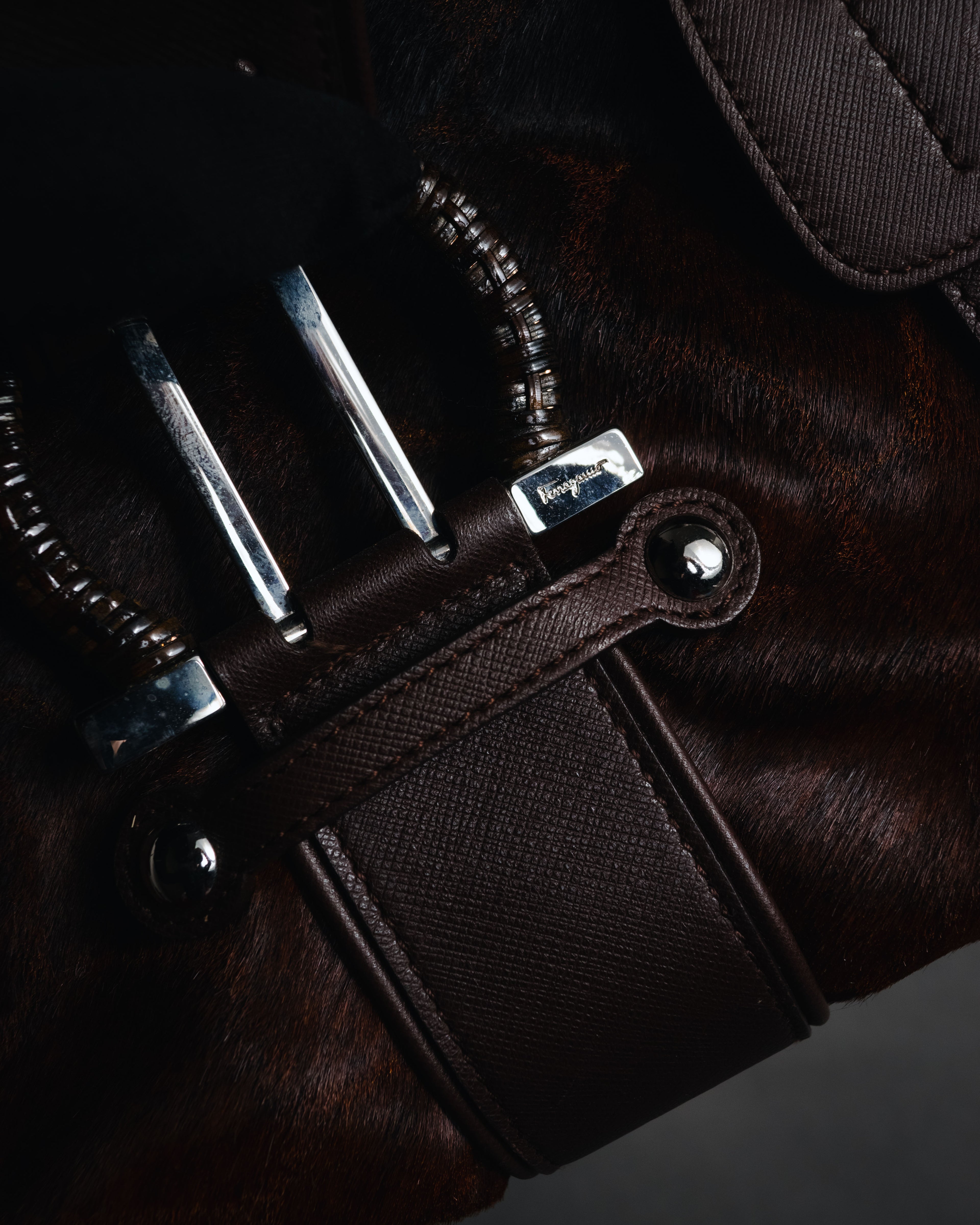 –SPECIAL– "Salvatore Ferragamo" 00’s calf hair gancini rattan accent handbag