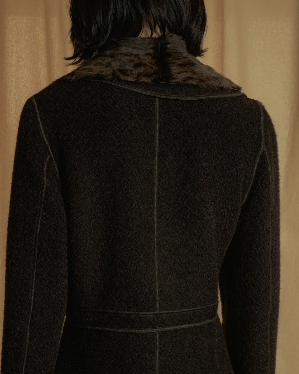 "FENDI" 90’s-00’s Sculptural belted leopard cat fur collar alpaca coat