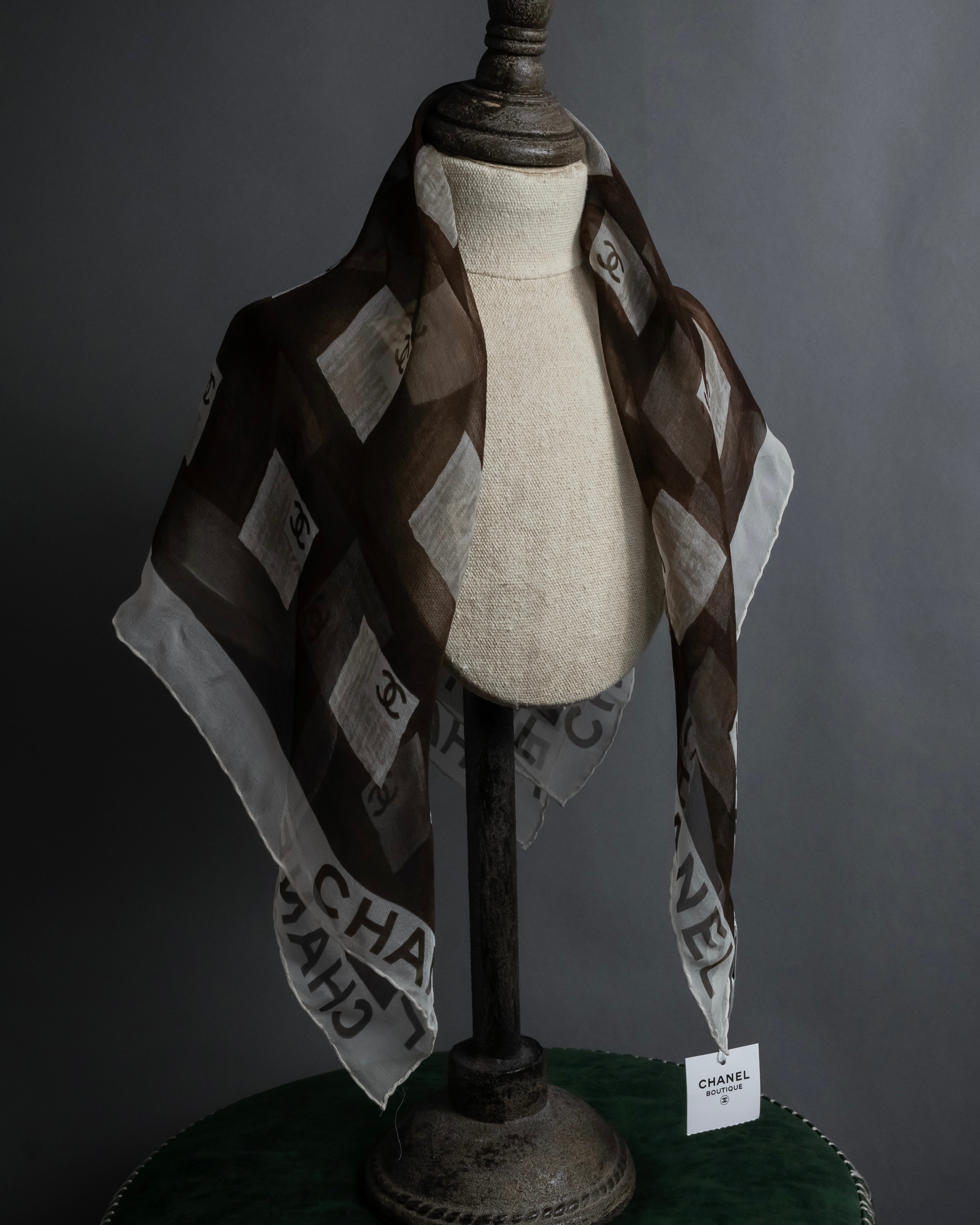 "CHANEL" 90's Square icon logo pattern sheer silk scarf