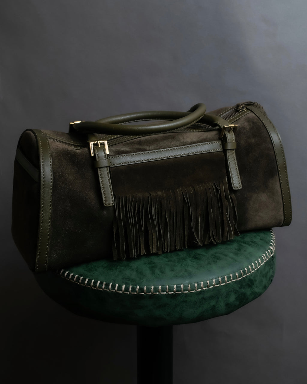 "BURBERRY" Olive green fringe design boston bag