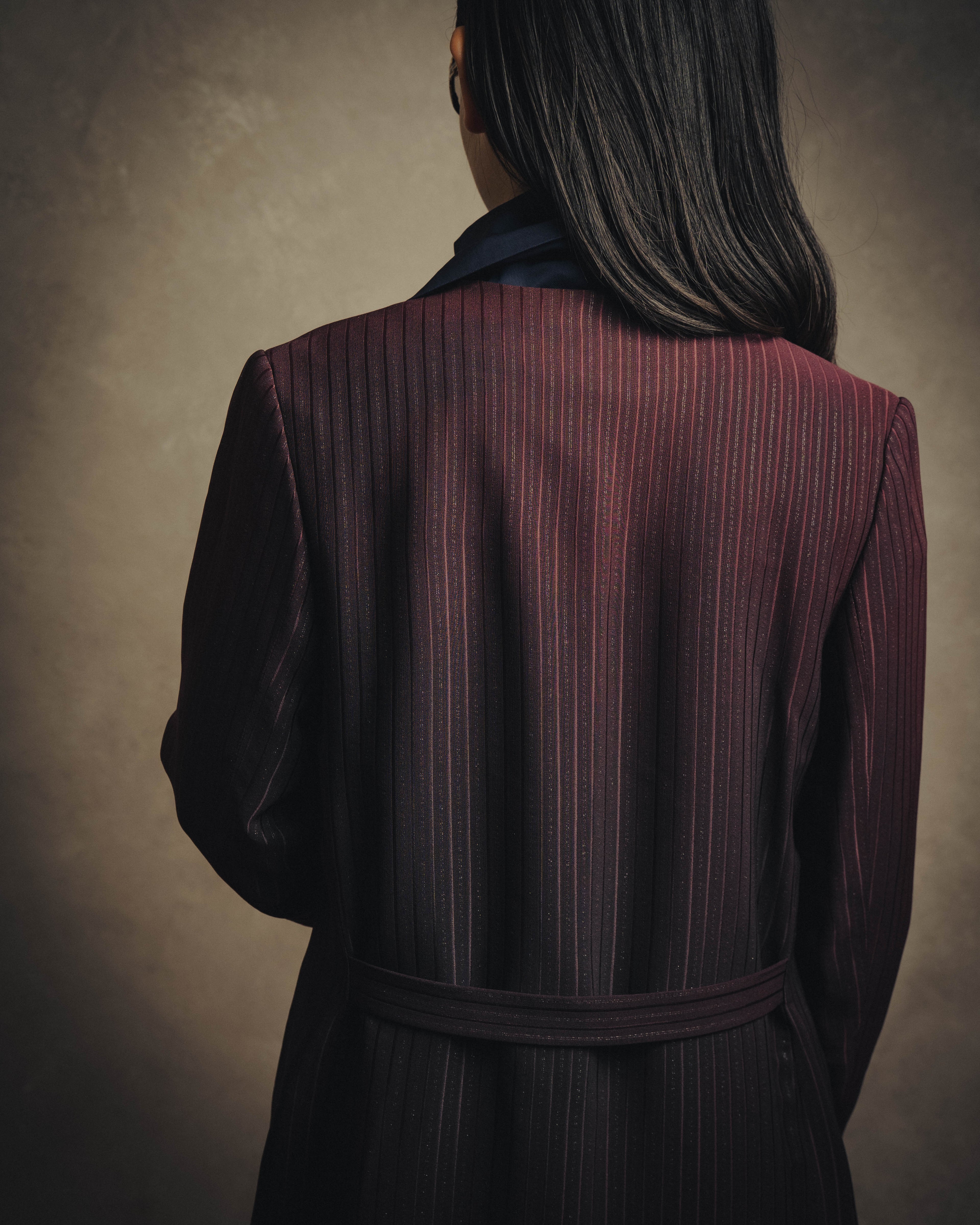 -SPECIAL- “Yves Saint Laurent“ 80's-90's Swiss fabric lurex stripe collarless long jacket