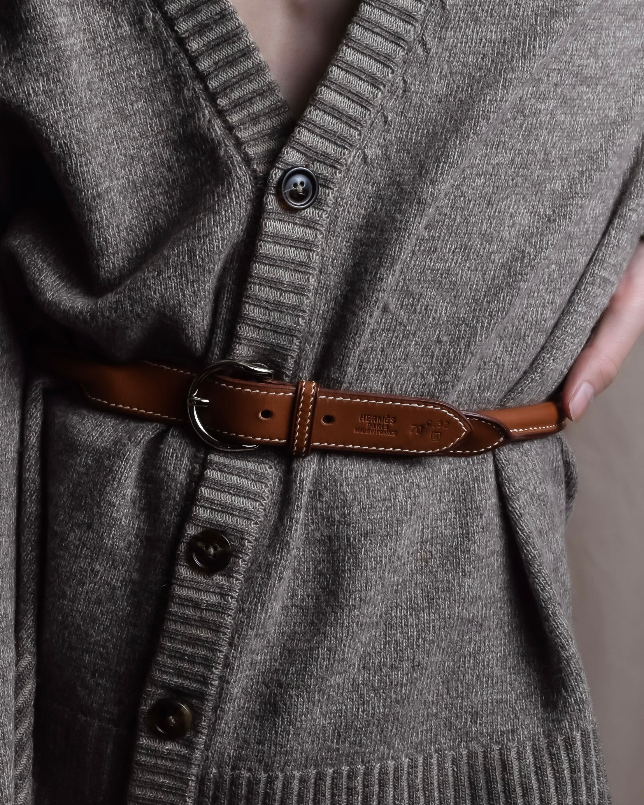 "HERMES" Hand stitched contrast saddle leather belt