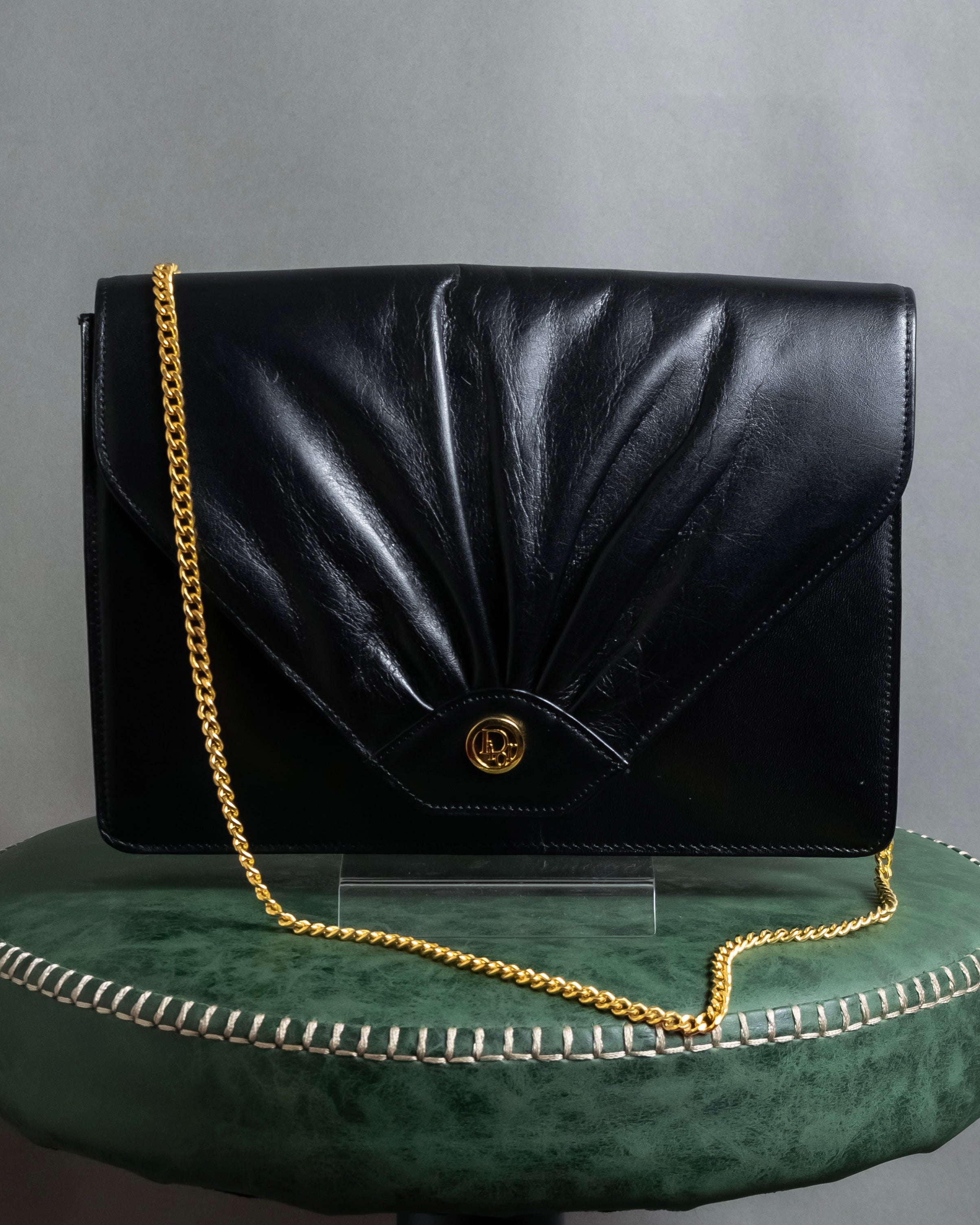 "Christian Dior" 70's-80's Radial drape design gold chain leather shoulder bag