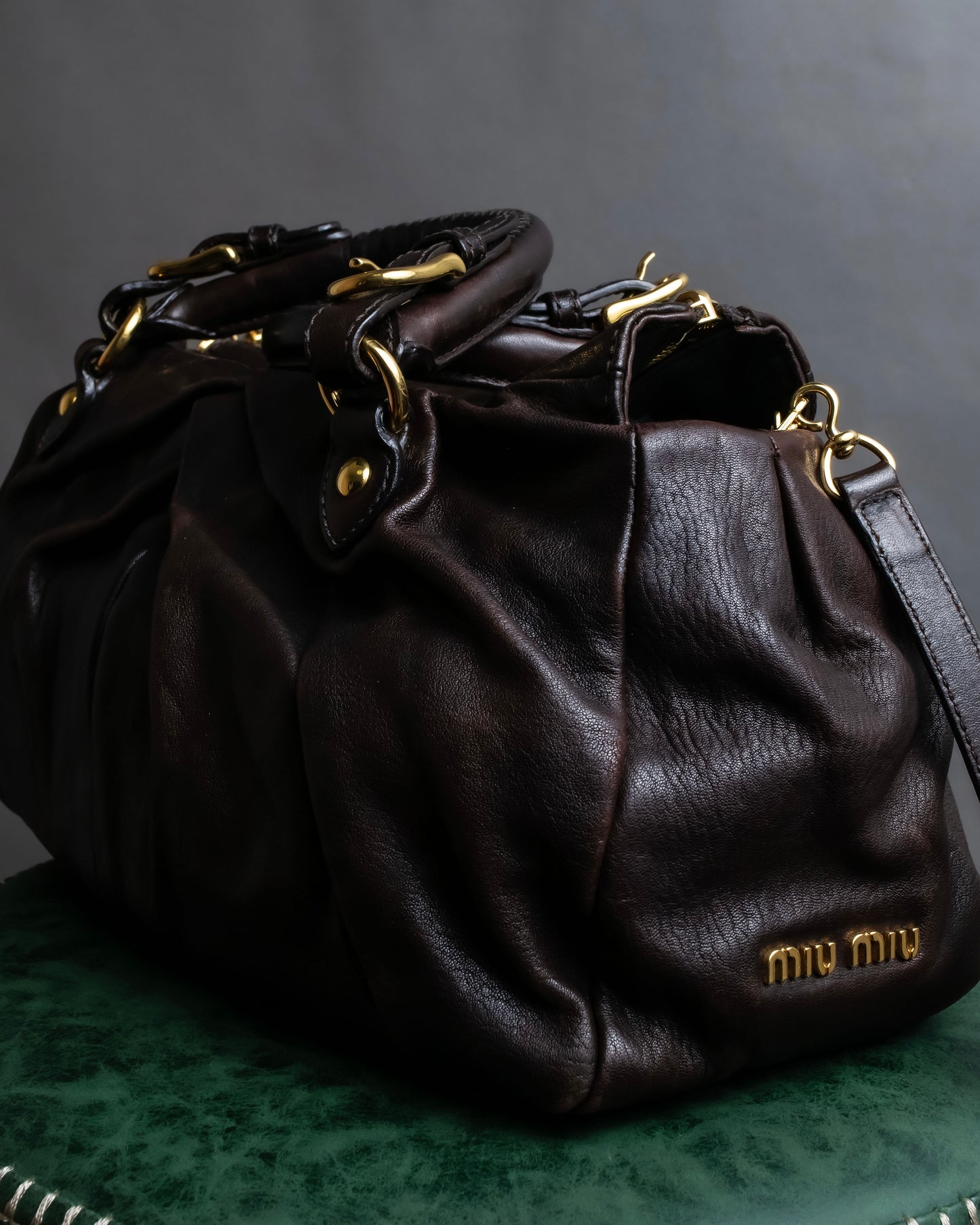 "MIU MIU" Pleated detail rounded boston grained leather 2way bag