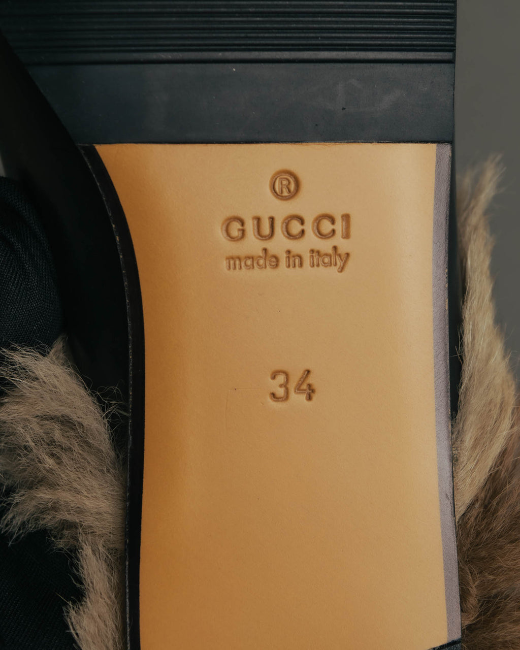 "GUCCI" Fur lined horsebit backless loafer