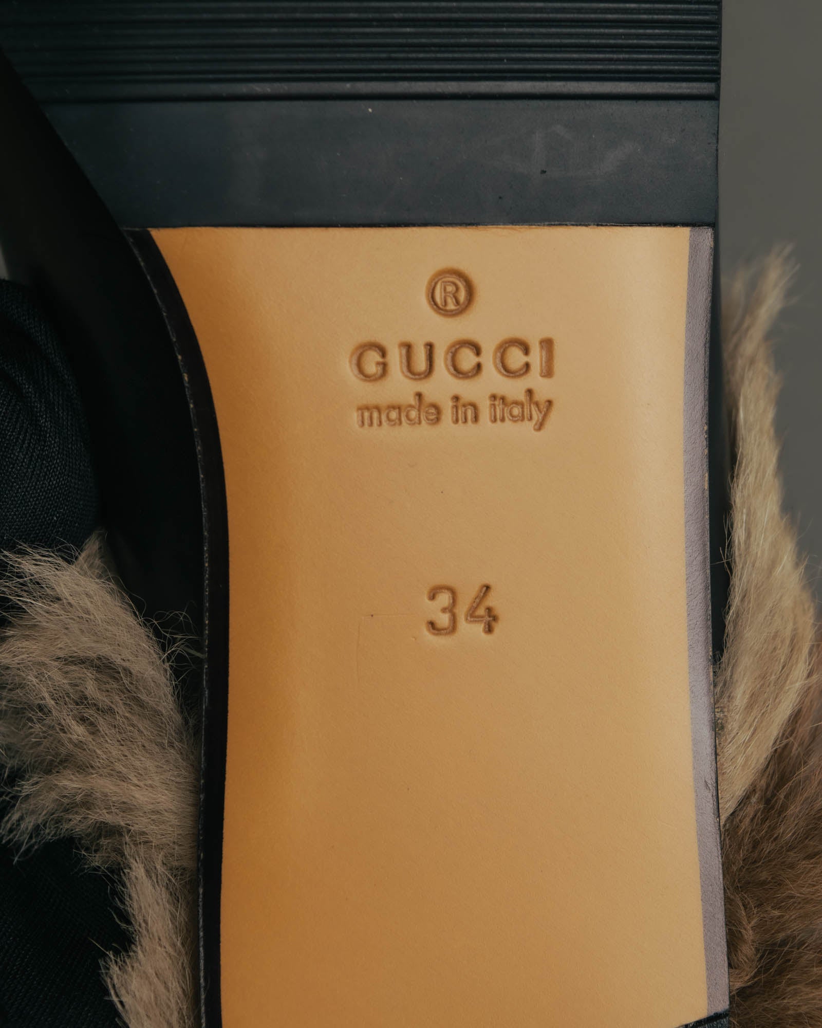 "GUCCI" Fur lined horsebit backless loafer