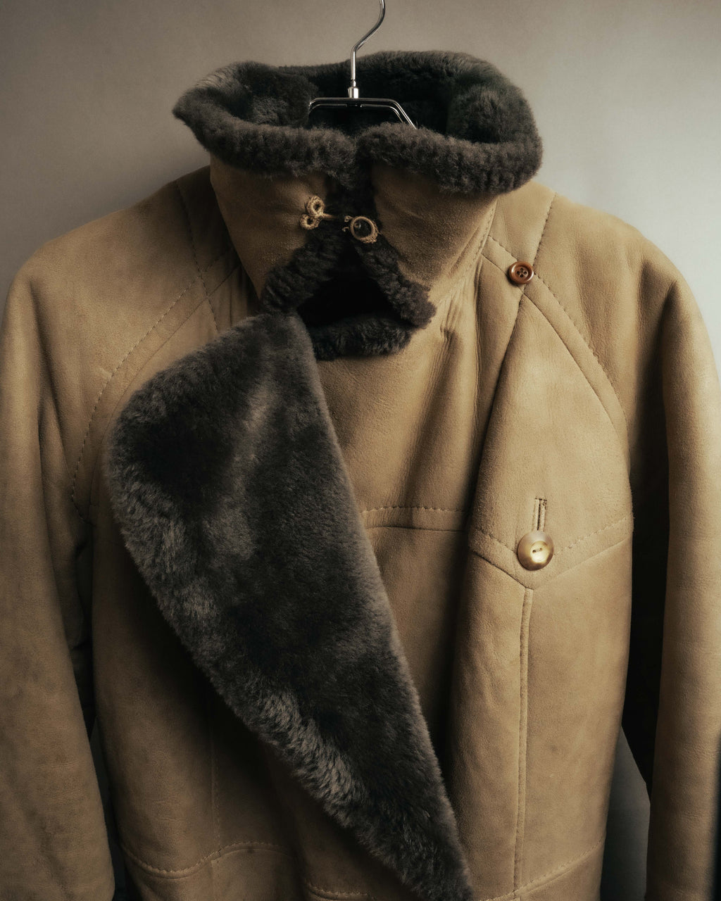 “LOEWE” 70’s-early 90’s Suede shearling belted long coat