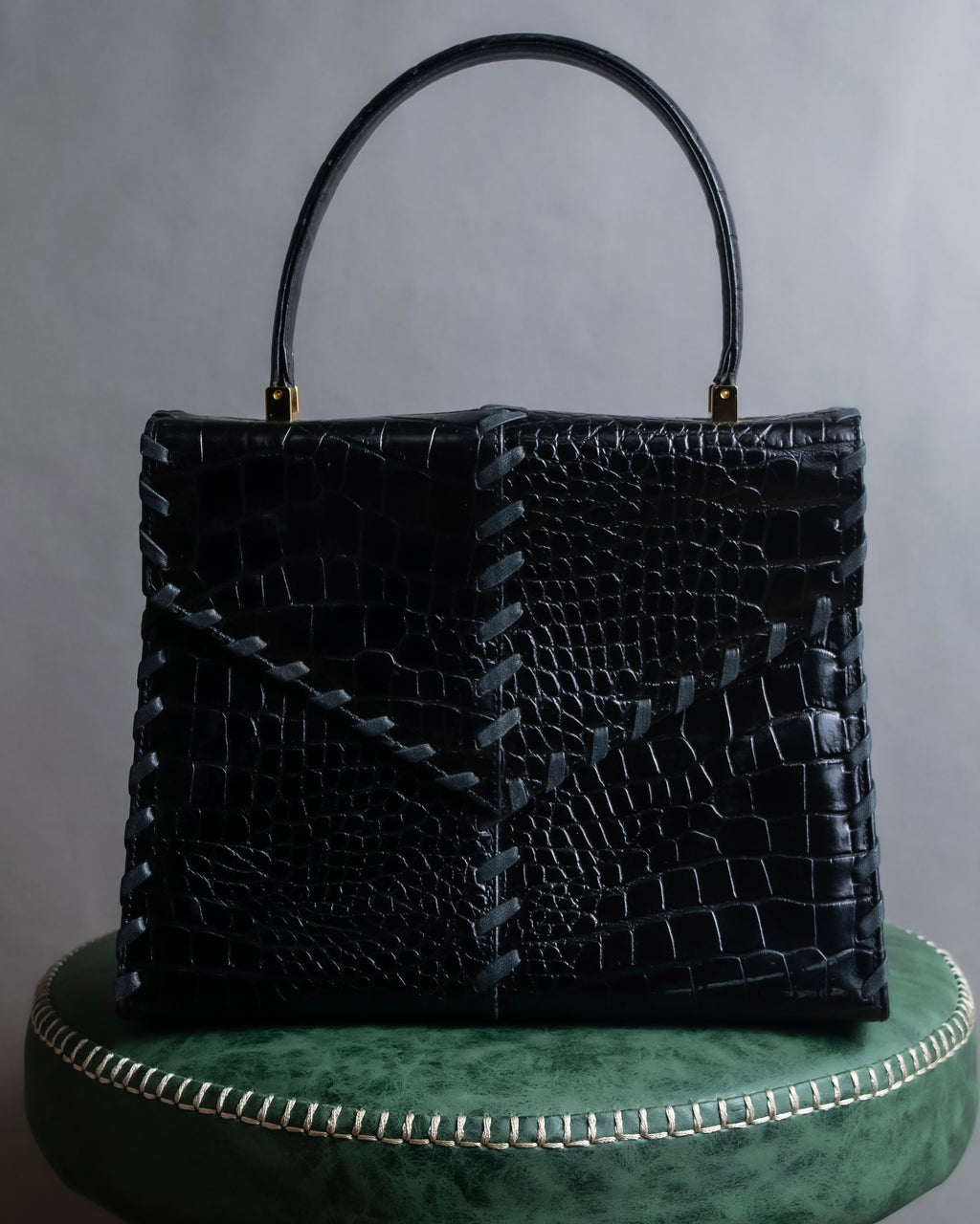 "YVES SAINT LAURENT" Braided stitch design crocodile embossed leather one-handle bag