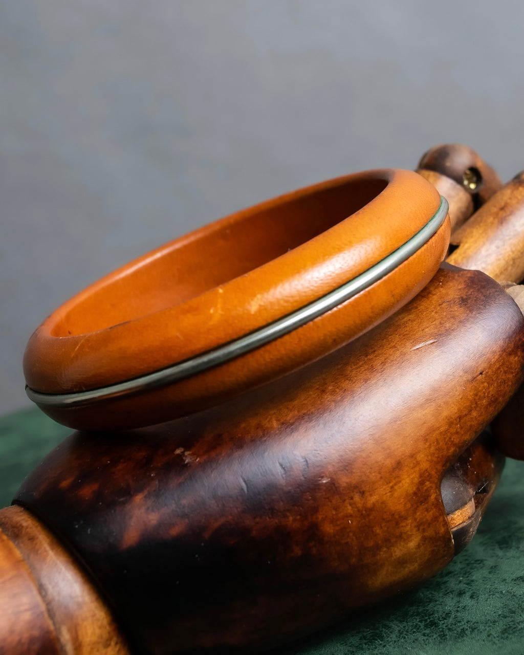 "HERMES" Brown leather＆metal line combination bangle