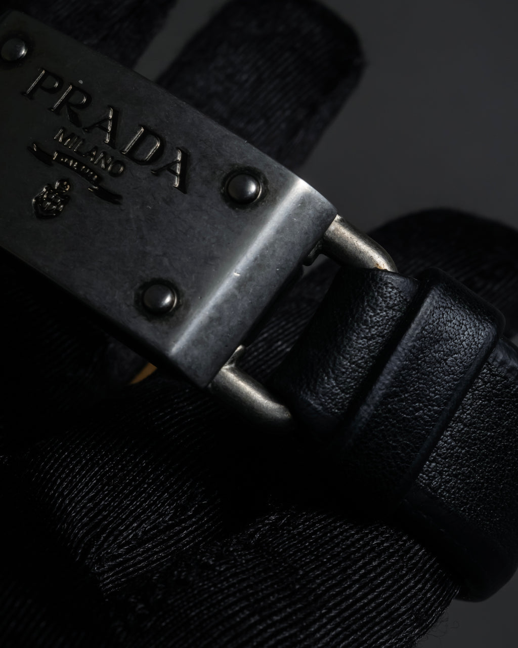 "PRADA" Logo engraved metal plate design leather bracelet