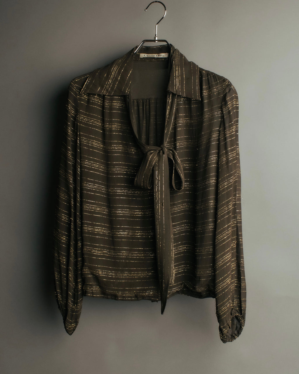 "Christian Dior" 80's-90's Lurex striped pussy-bow sheer blouse
