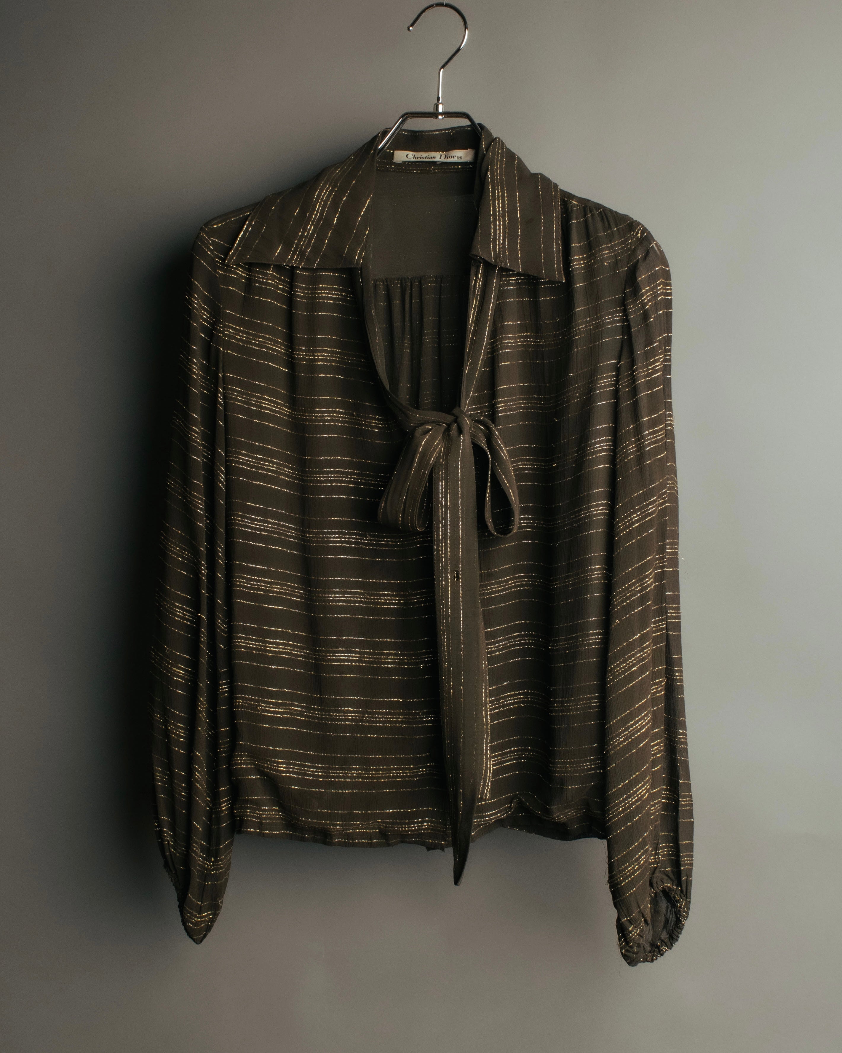 "Christian Dior" 80's-90's Lurex striped pussy-bow sheer blouse
