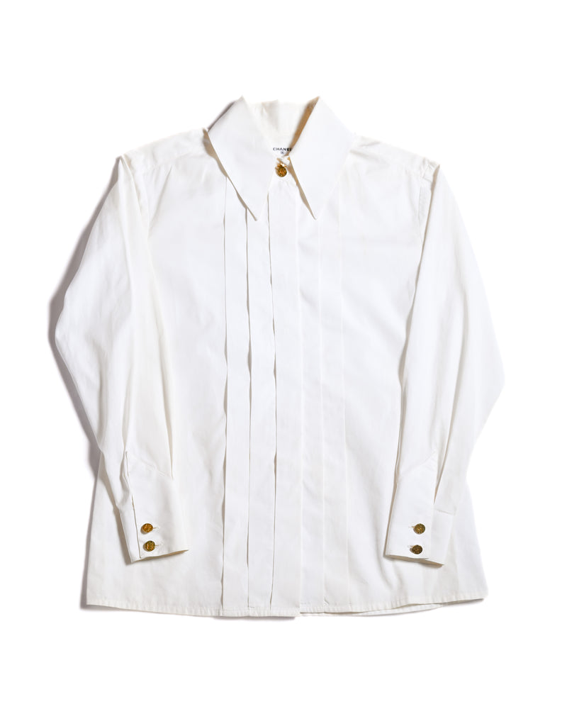 CHANEL/  Front Pleats Designed Fly Front Shirt with Gold CC Button