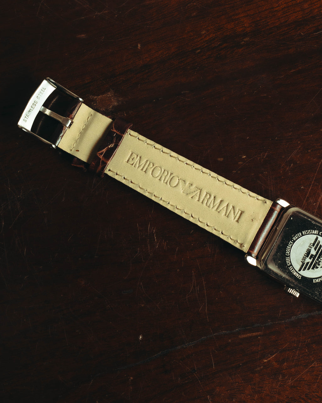 “EMPORIO ARMANI” Late 90’s-early 10’s Art deco rectangular leather strap watch