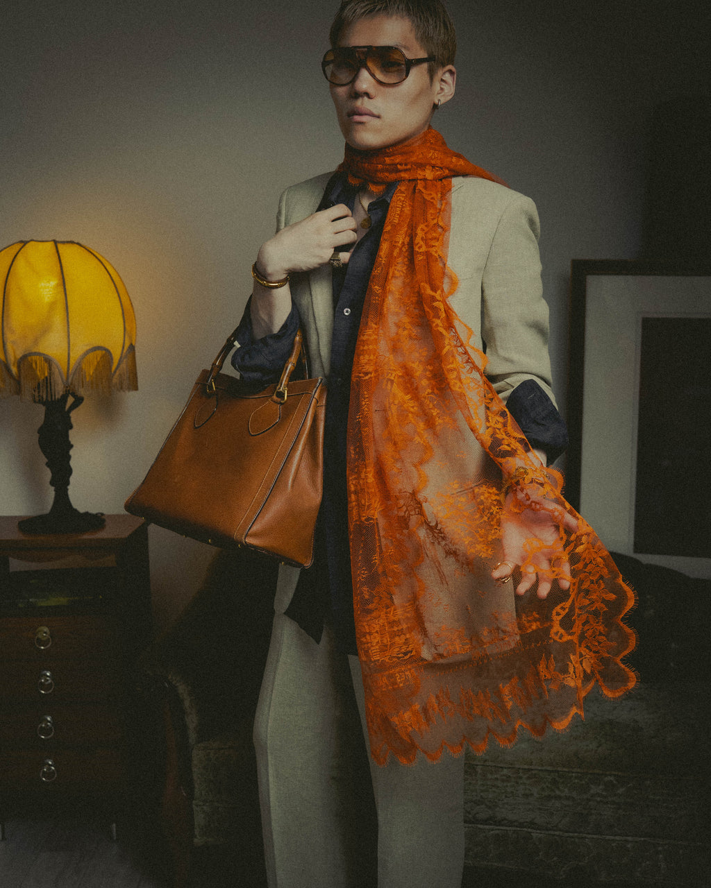 -SPECIAL- “HERMÈS” 2000’s-2010’s orange floral mesh lace stole