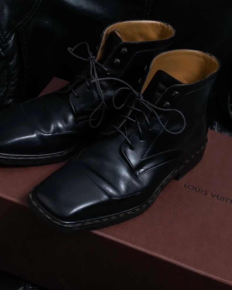 "Louis Vuitton" square toe leather lace-up boots