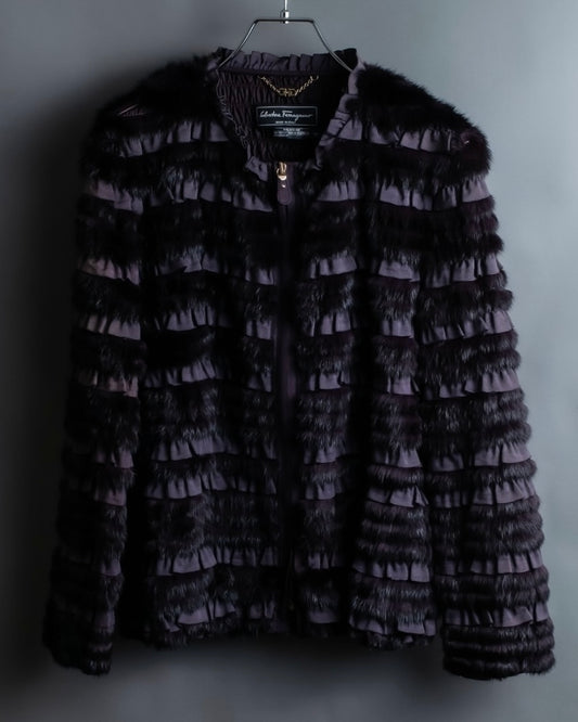 "Salvatore Ferragamo" Gathered fabric x mink decorated zip-up jacket
