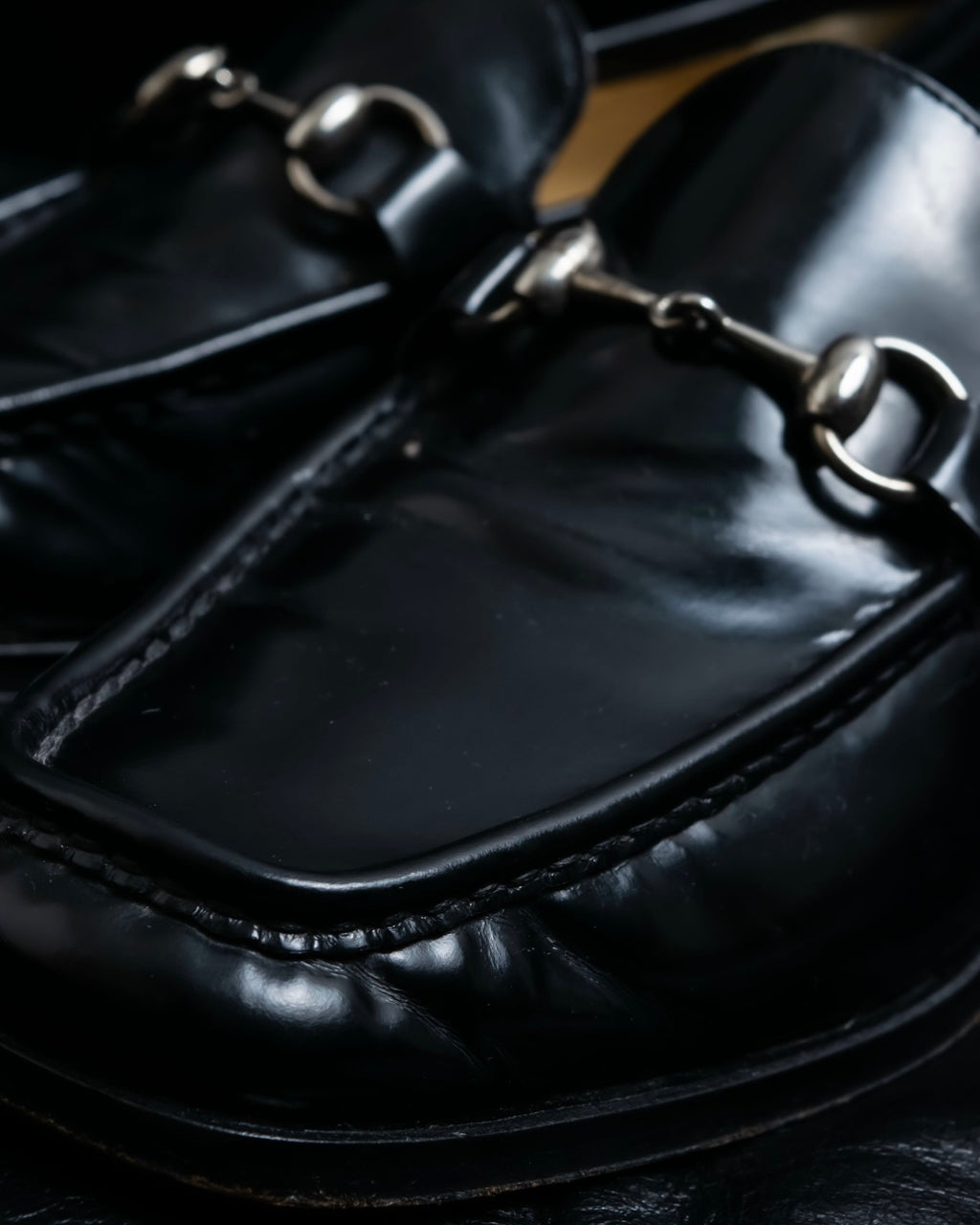 “GUCCI” square toe silver horsebit loafer
