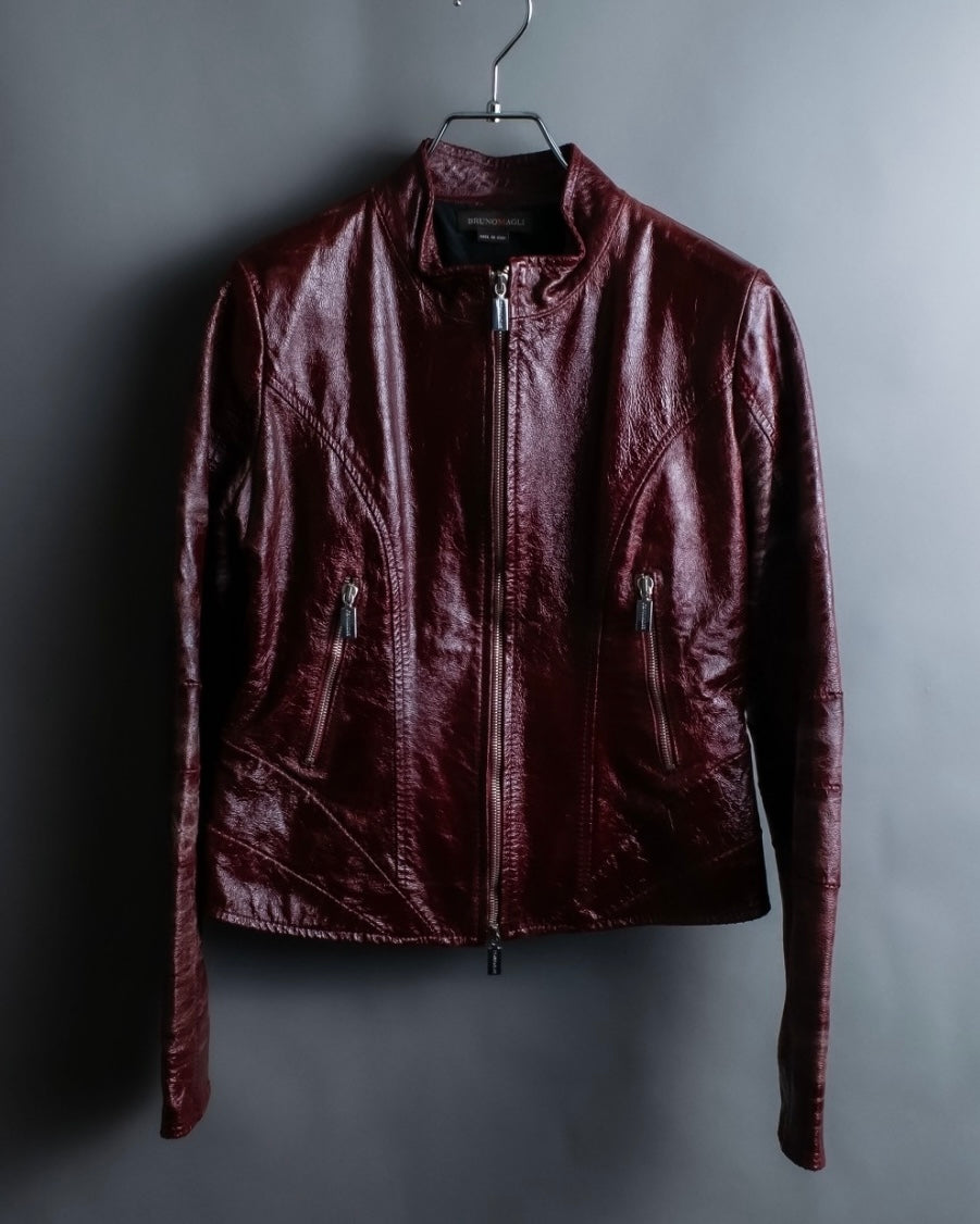 "BRUNOMAGLI" Scratched leather double zip red jacket