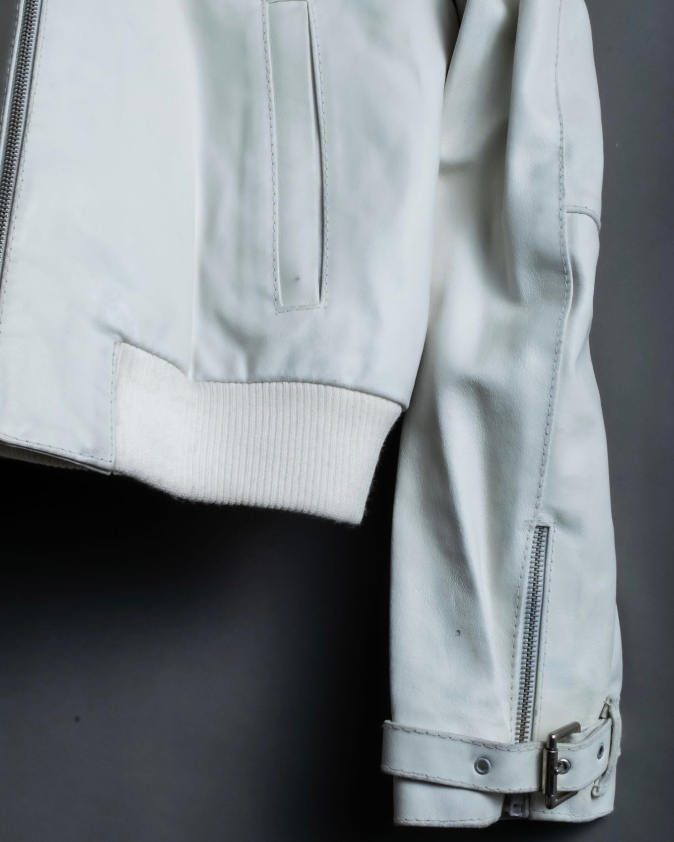 Double zip white leather single riders jacket