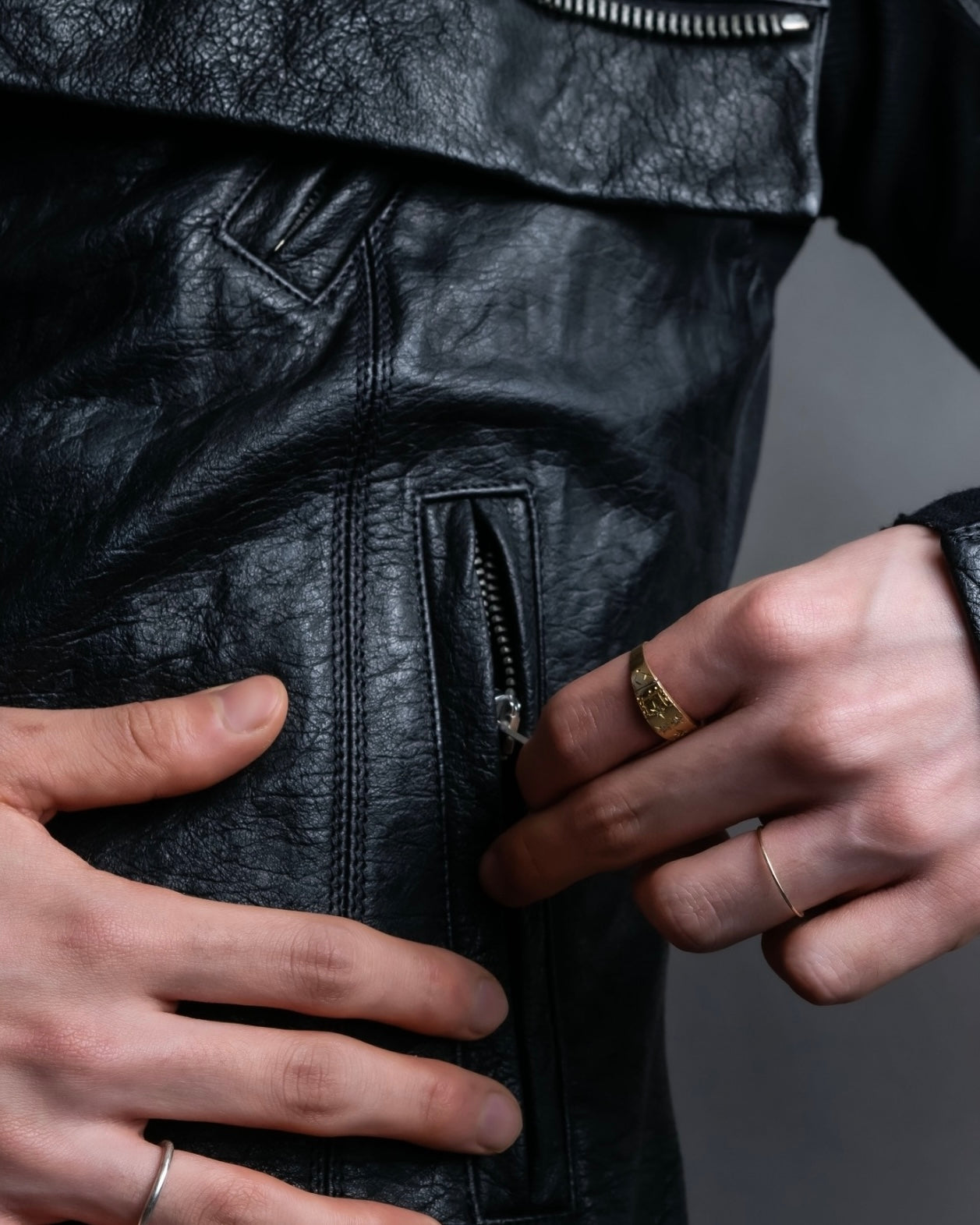 “Rick Owens” lamb leather classic biker jacket with high funnel