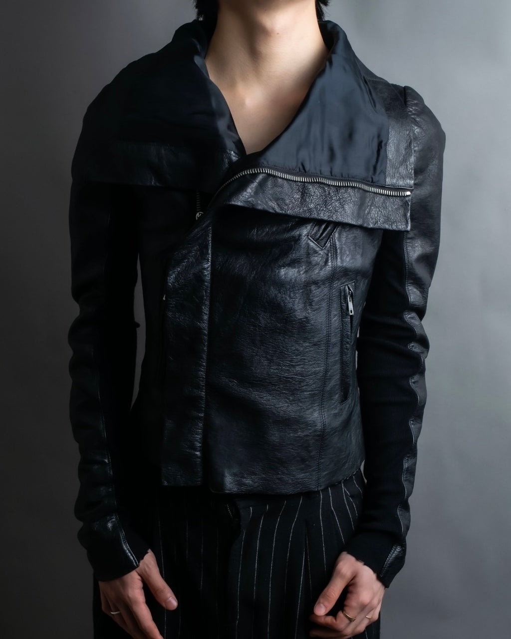 “Rick Owens” lamb leather classic biker jacket with high funnel