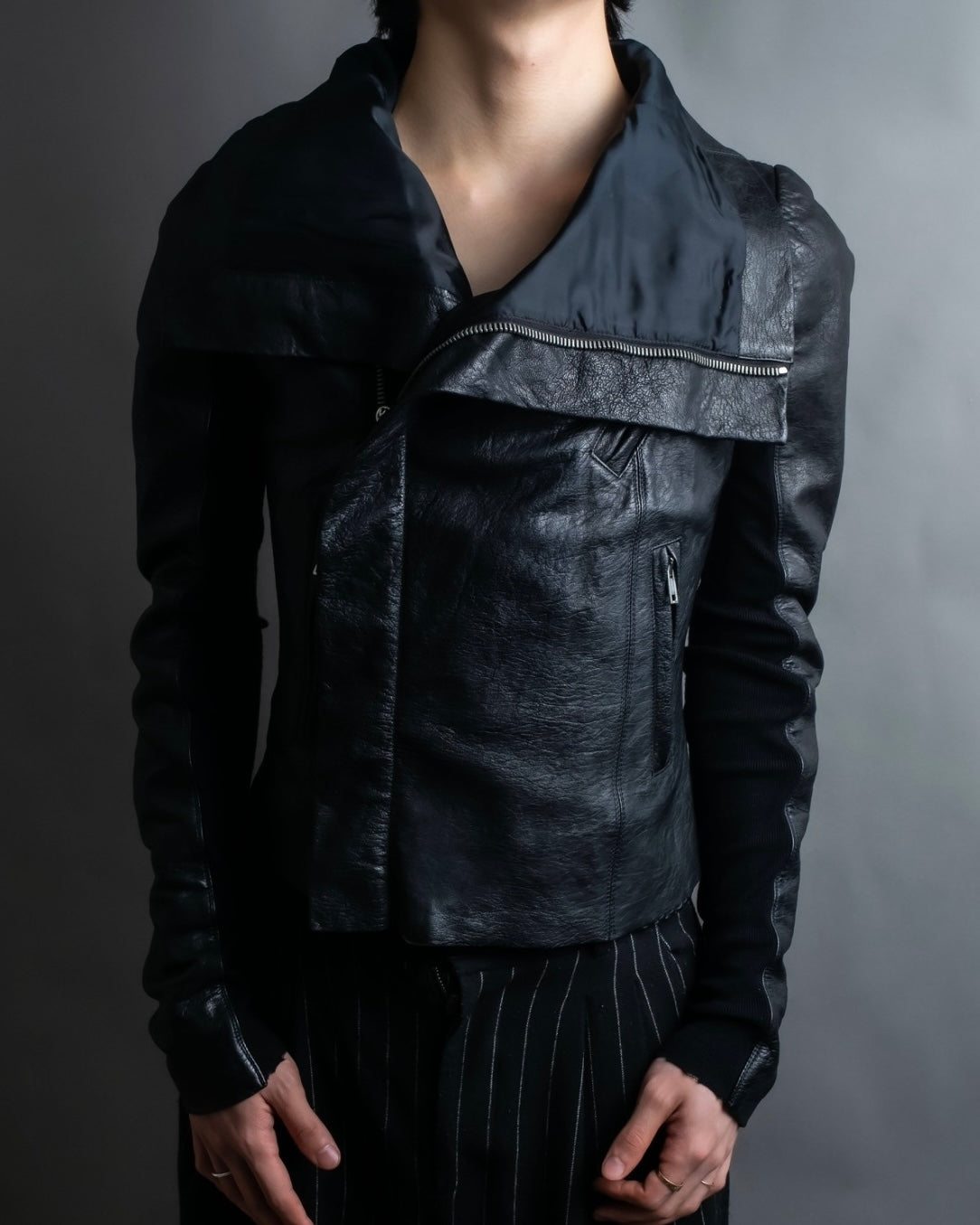 “Rick Owens” lamb leather classic biker jacket with high funnel