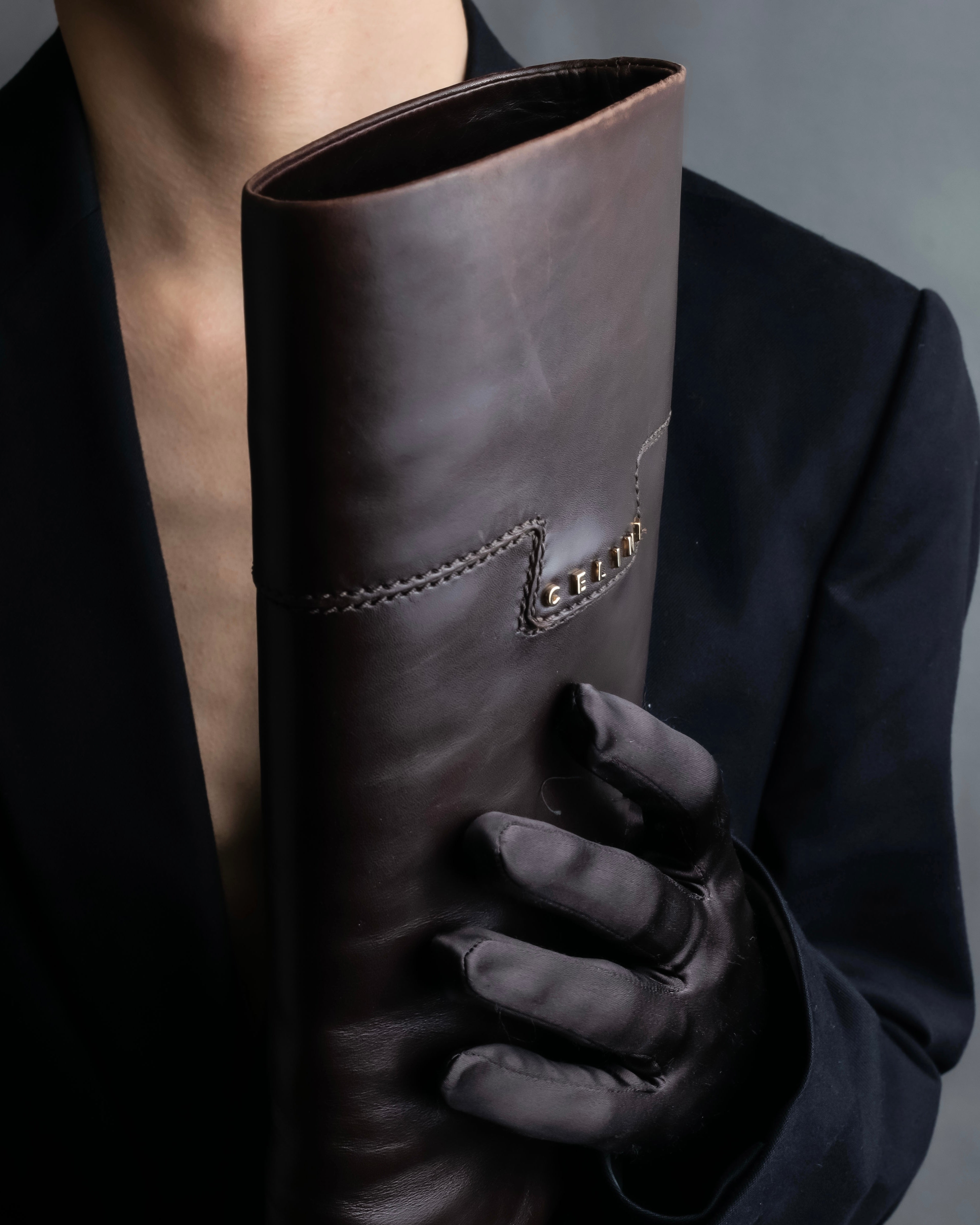 “CELINE” round toe dark brown leather long boots