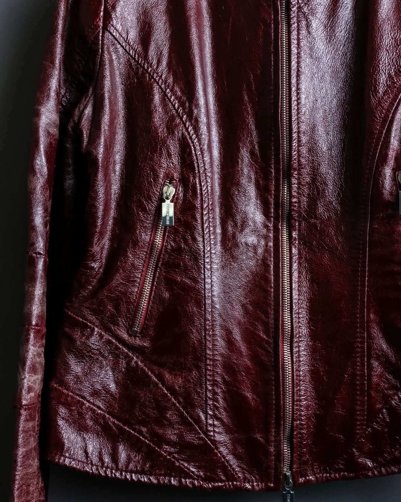 "BRUNOMAGLI" Scratched leather double zip red jacket