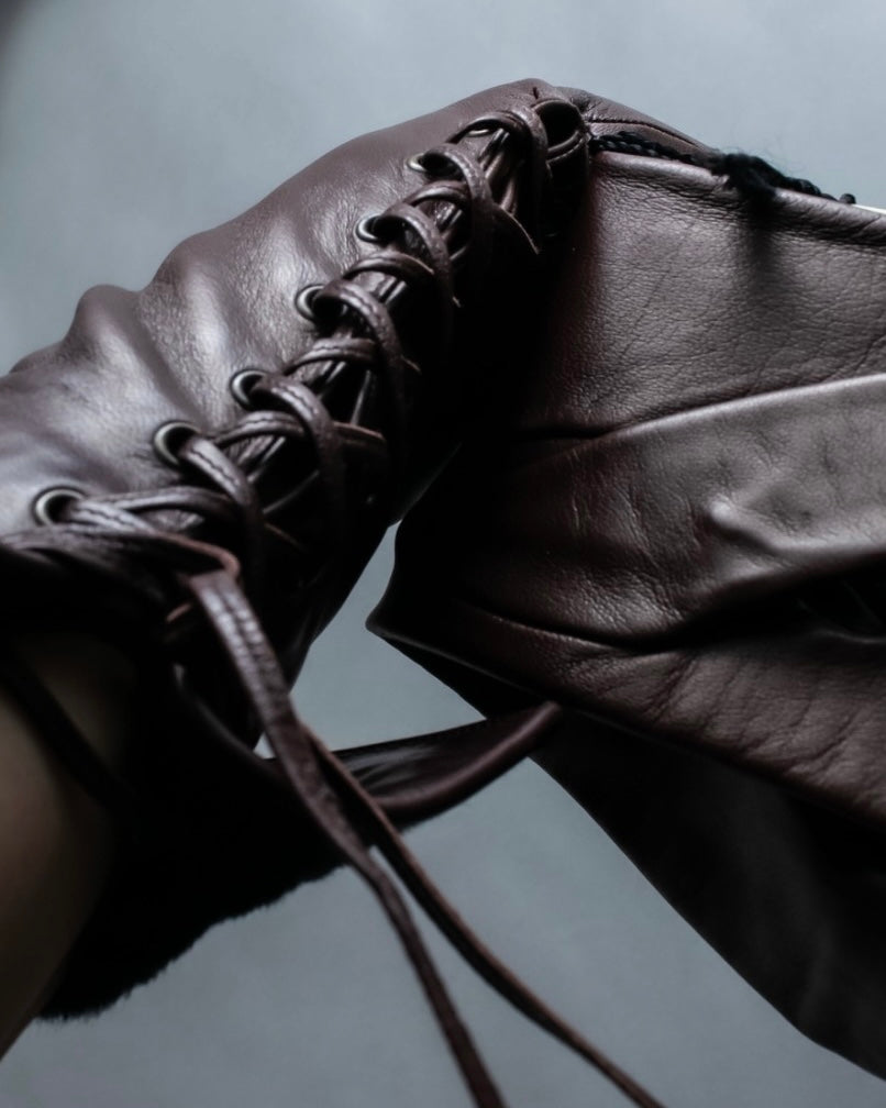 "PIUMELLI" Dead stock lace up long leather gloves