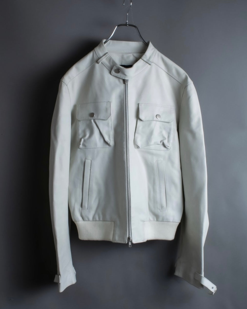 Double zip white leather single riders jacket