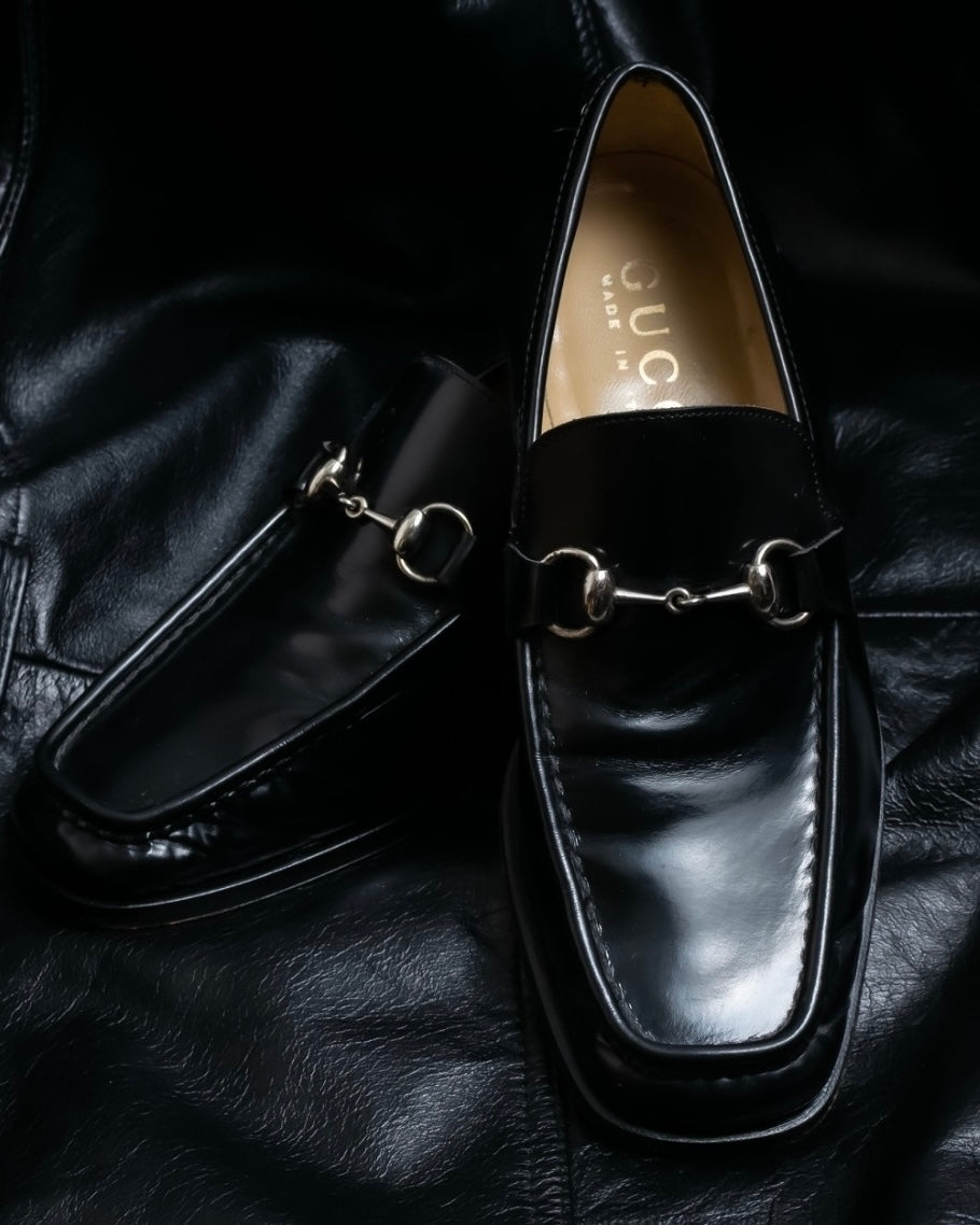 “GUCCI” square toe silver horsebit loafer