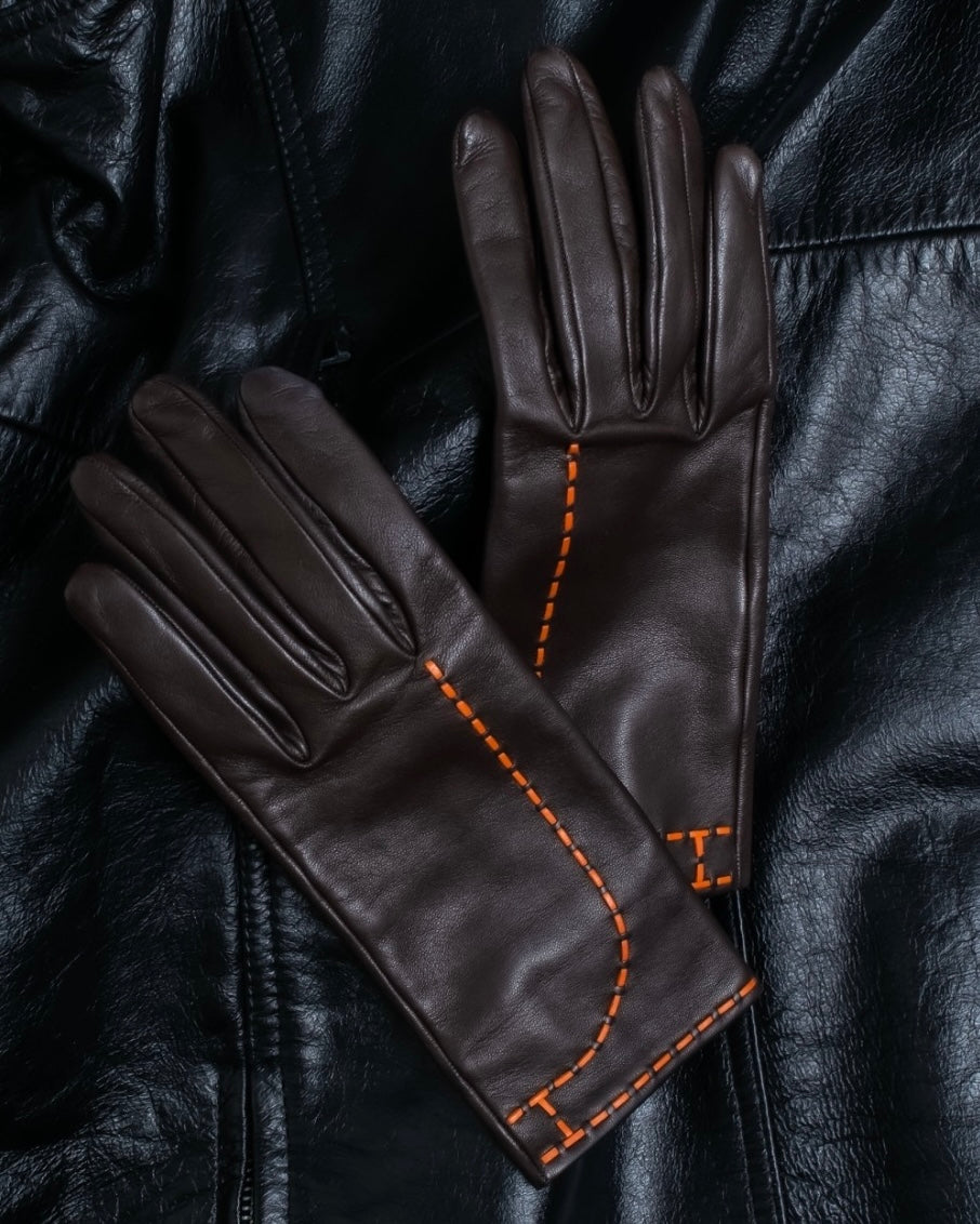 "Hermes" stitch design dark brown leather gloves