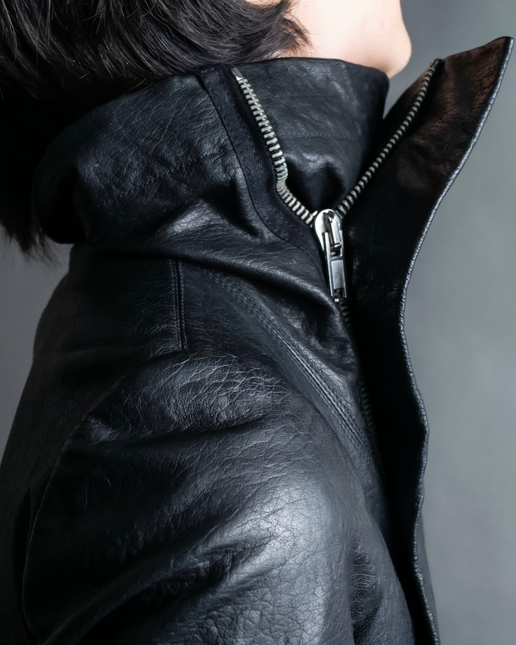 “Rick Owens” lamb leather classic biker jacket with high funnel