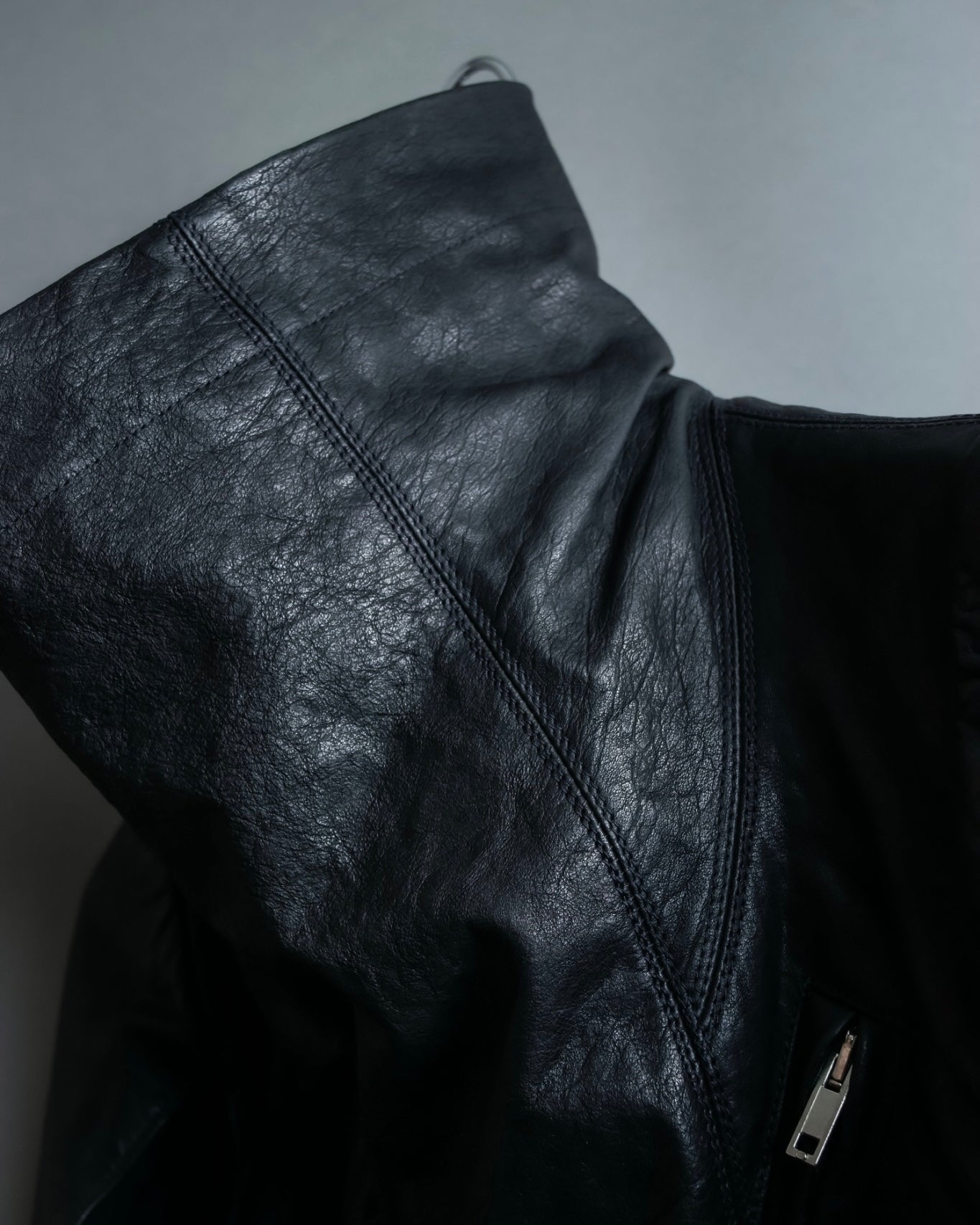 “Rick Owens” lamb leather classic biker jacket with high funnel