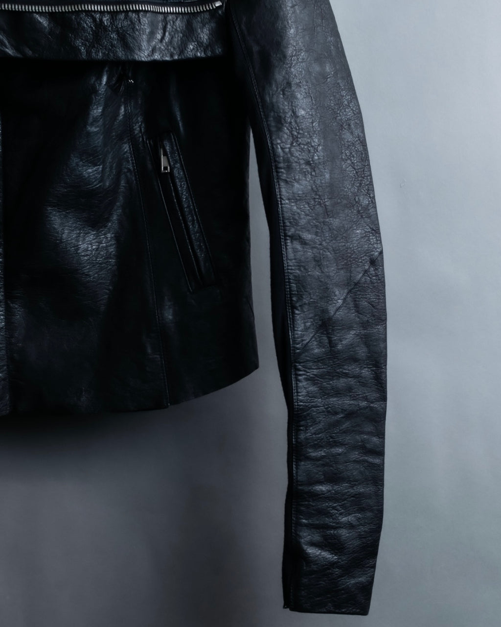 “Rick Owens” lamb leather classic biker jacket with high funnel