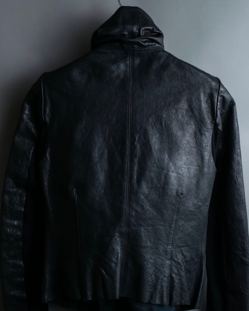 “Rick Owens” lamb leather classic biker jacket with high funnel