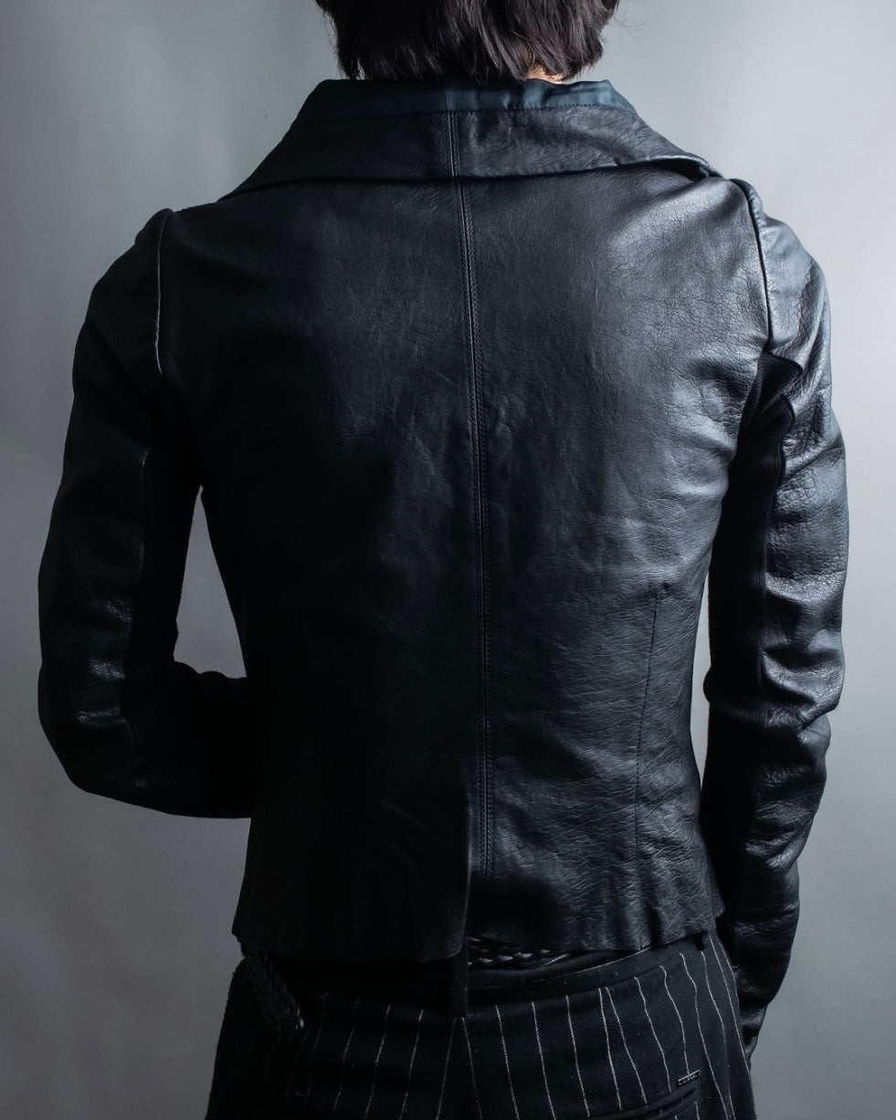 “Rick Owens” lamb leather classic biker jacket with high funnel