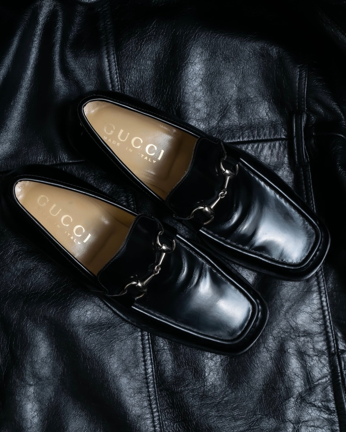 “GUCCI” square toe silver horsebit loafer