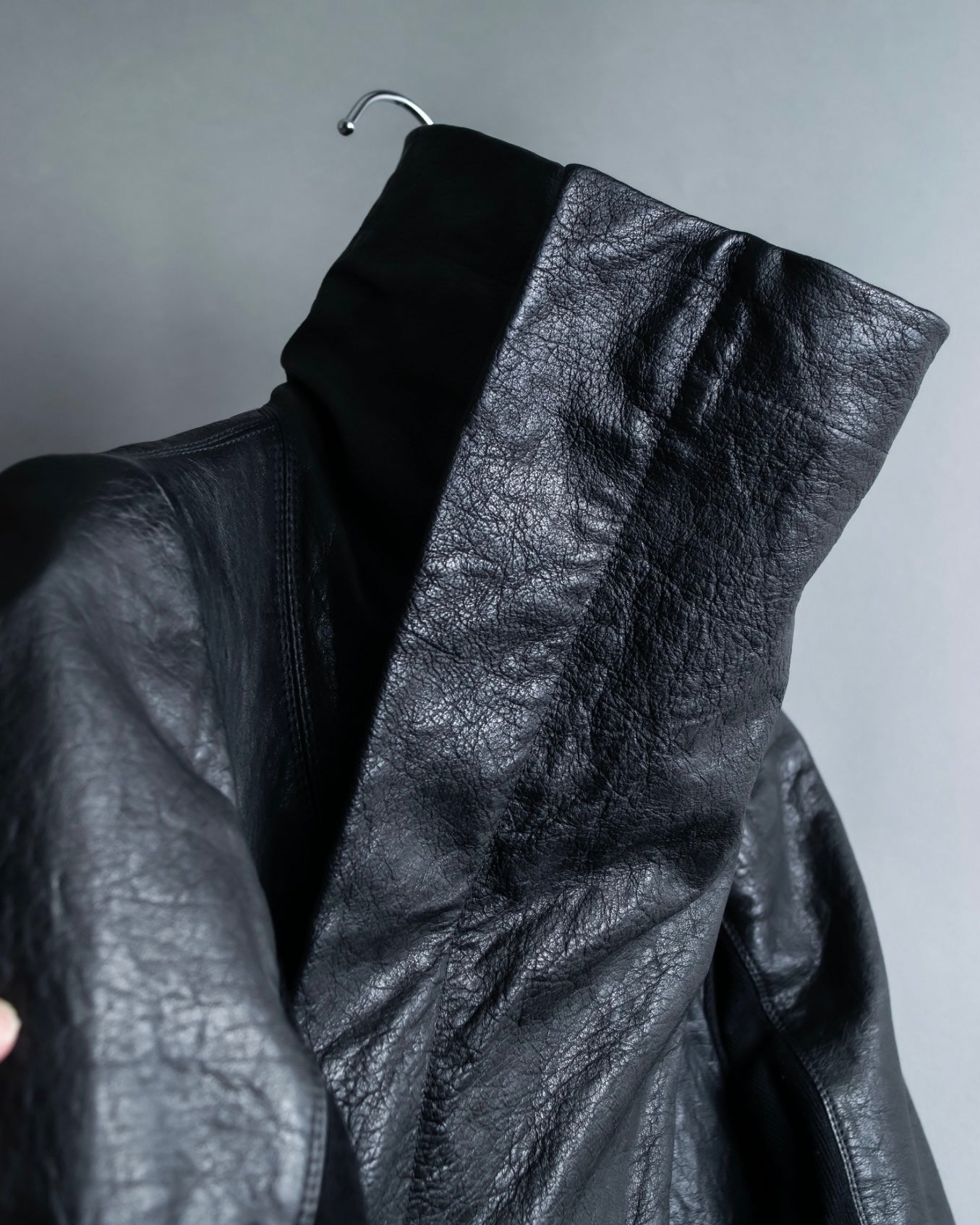 “Rick Owens” lamb leather classic biker jacket with high funnel