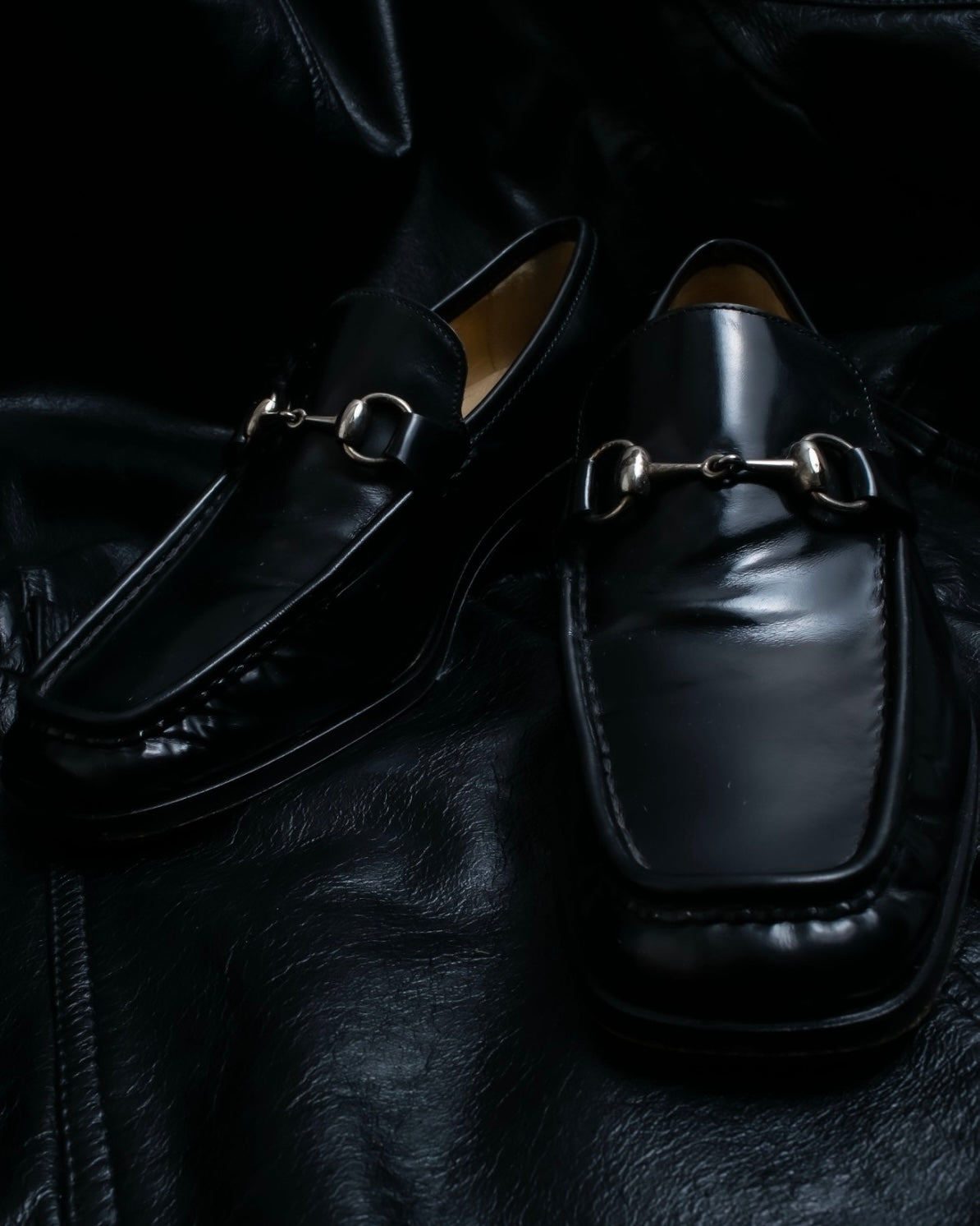 “GUCCI” square toe silver horsebit loafer