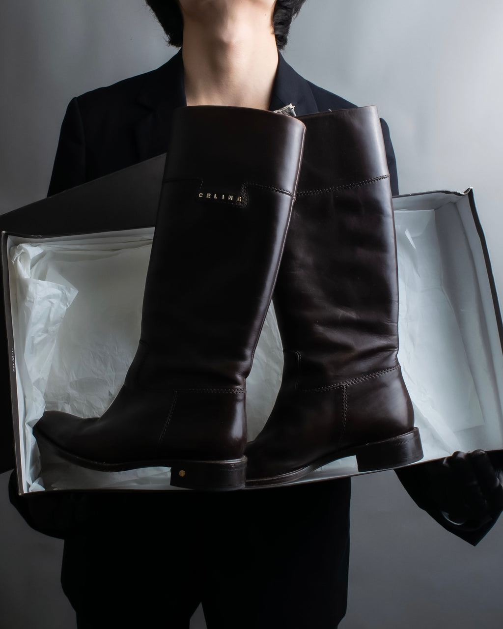 “CELINE” round toe dark brown leather long boots