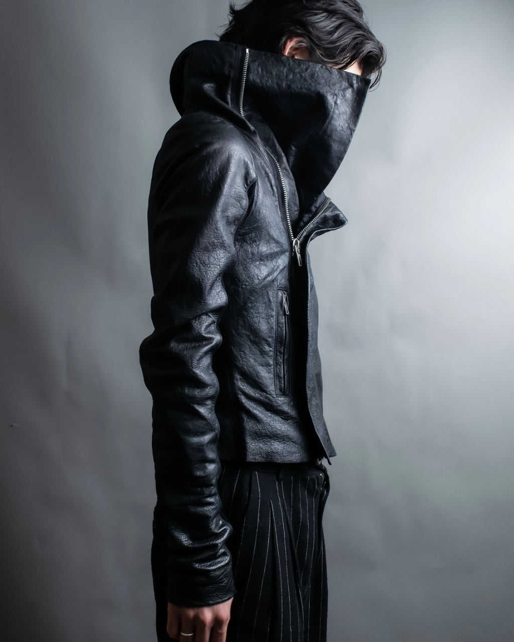 “Rick Owens” lamb leather classic biker jacket with high funnel