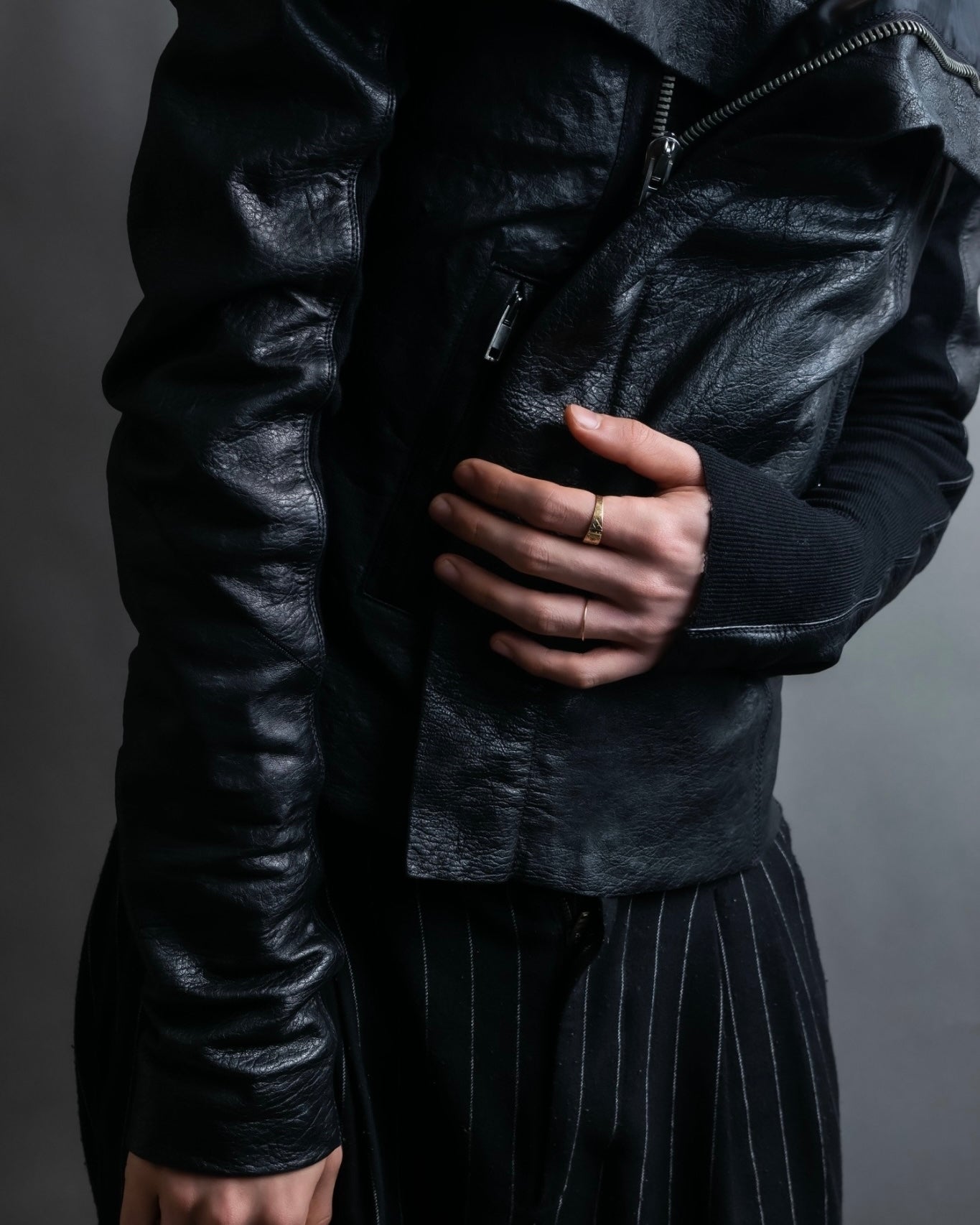 “Rick Owens” lamb leather classic biker jacket with high funnel