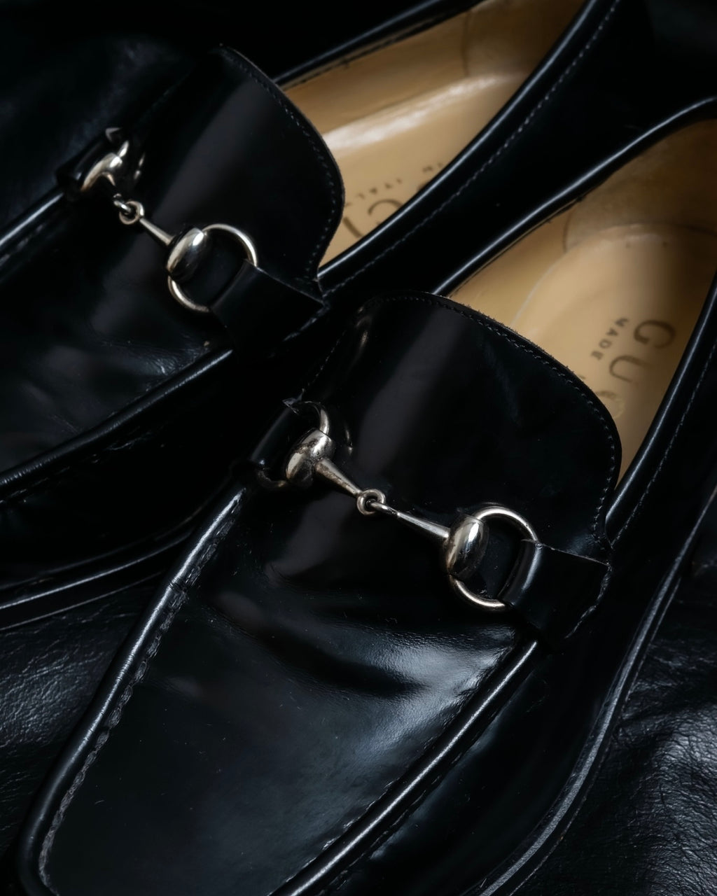 “GUCCI” square toe silver horsebit loafer