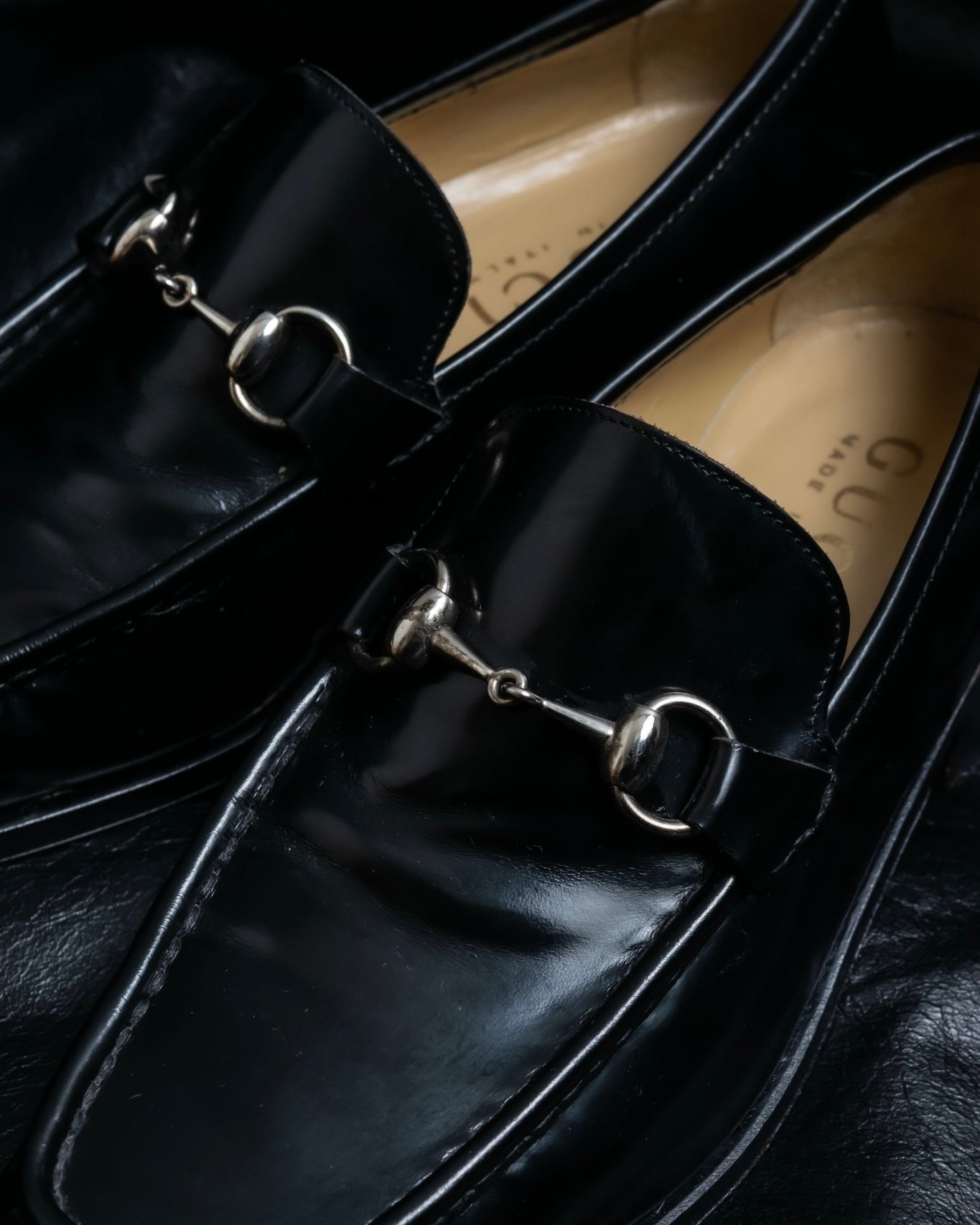 “GUCCI” square toe silver horsebit loafer