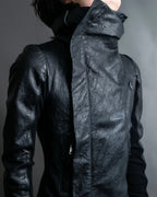“Rick Owens” lamb leather classic biker jacket with high funnel
