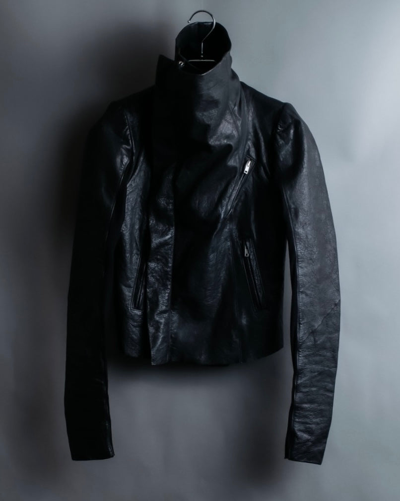 “Rick Owens” lamb leather classic biker jacket with high funnel