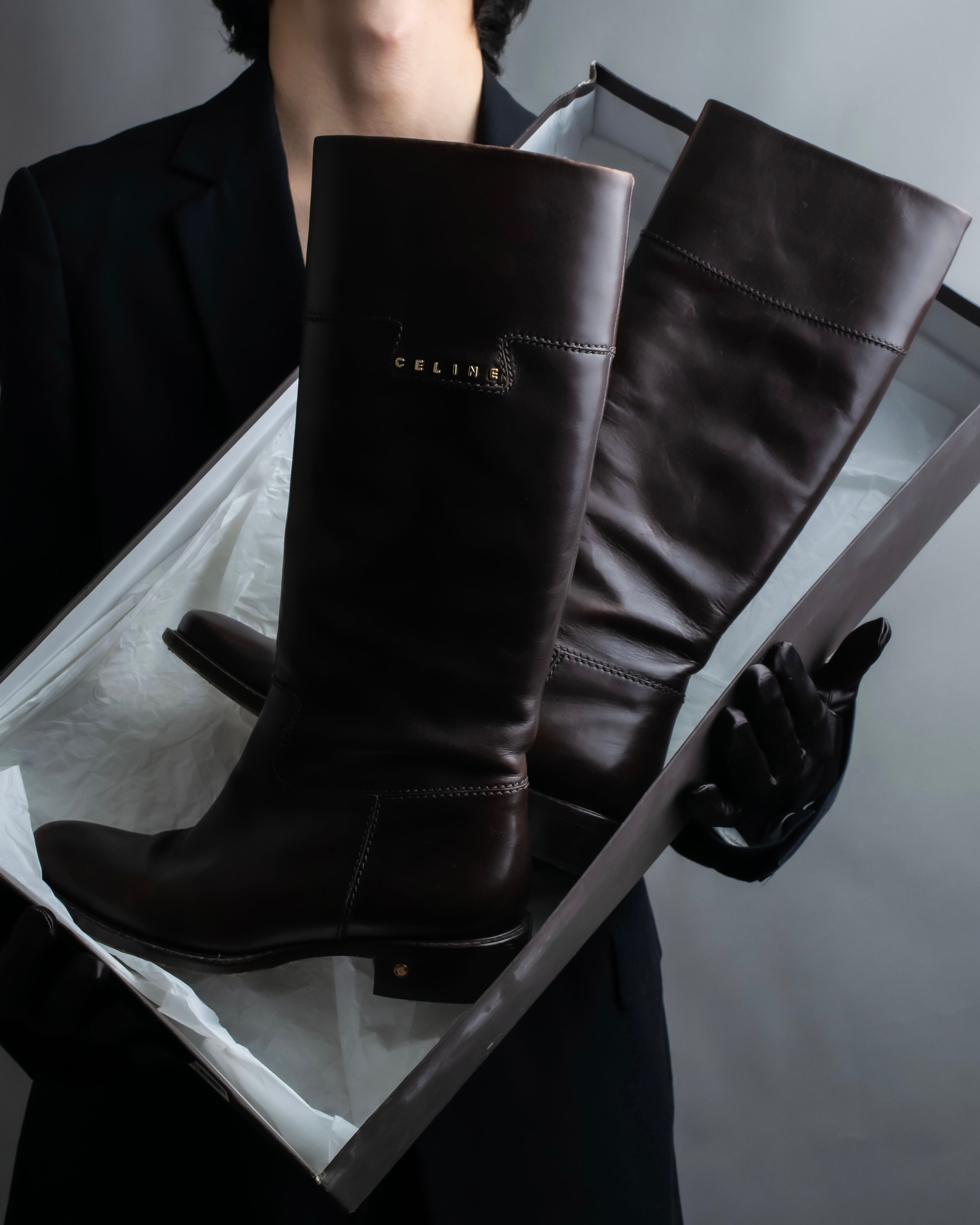 CELINE round toe dark brown leather long boots MOOD